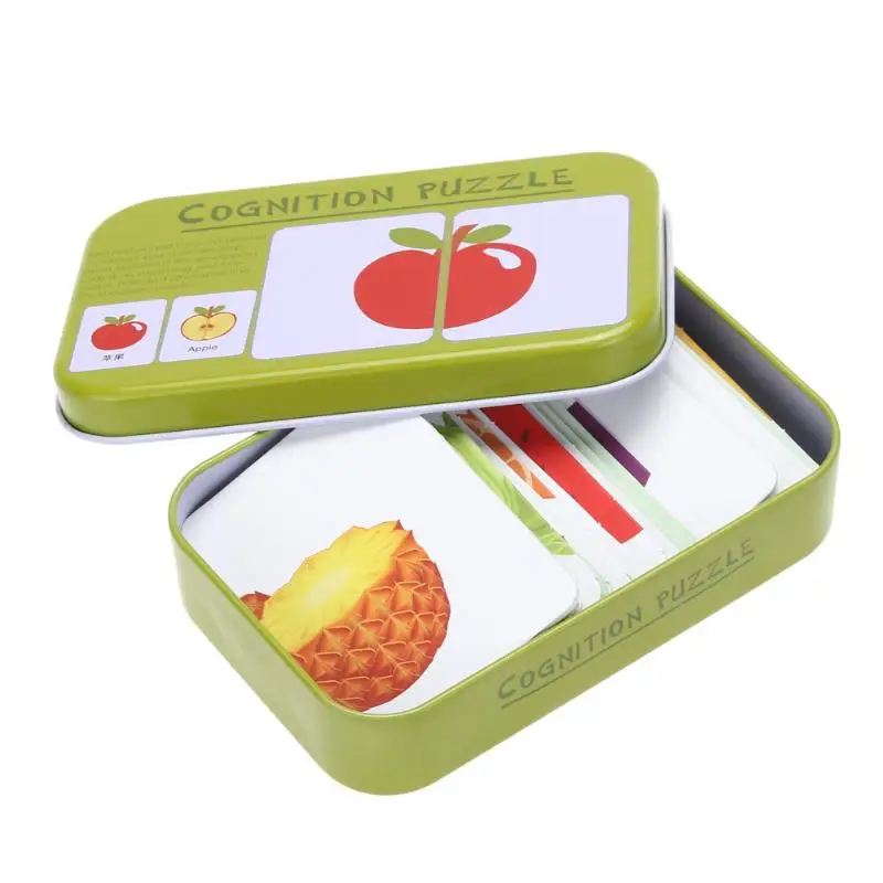 Giocattoli per l'apprendimento della cognizione Montessori per bambini Scatola di ferro per bambini Carte Giochi di abbinamento Auto cognitiva Frutta Vita animale Puzzle