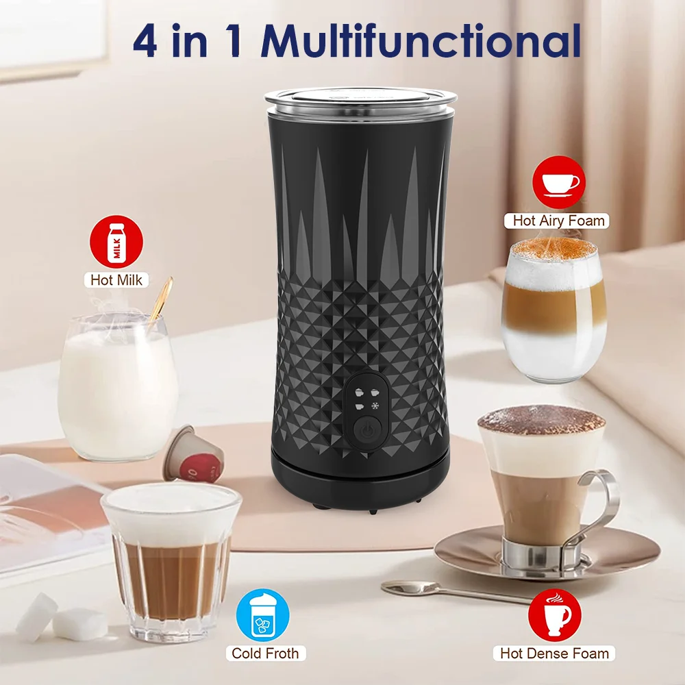 Mousseur électrique noir avec contrôle de la température, cuiseur vapeur pour café chaud et froid, latte, cappuccino, macchiat, 500W, 4 en 1