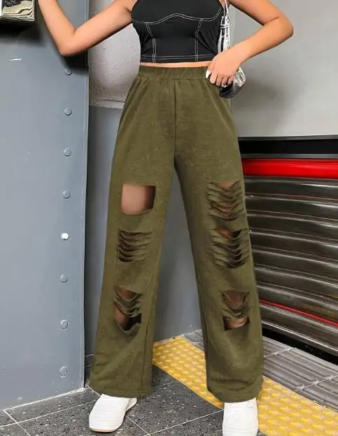 

Women's Pants 2025 Street Hot Girl Personality Ripped Pants Casual Cut Elastic Waistband Knitted Long Pants Wide Leg Pants