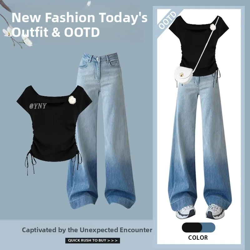 Top Dstring a vita alta dimagrante ort Sve Jeans da donna Summer Design Sense T-shirt abbinata a jeans a vita alta