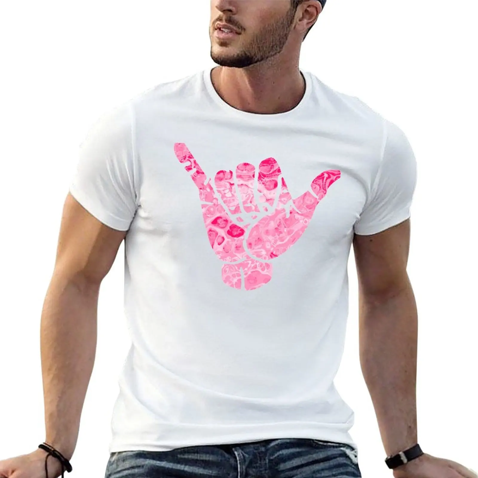 Pink Hawaii Shaka Hang loose Sign Hand T-Shirt summer top korean fashion mens shirts graphic tee