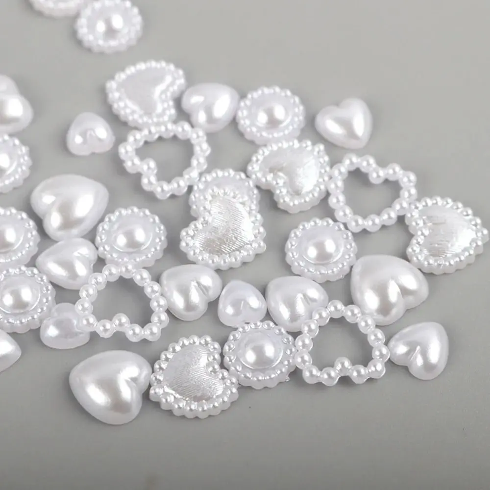 Perles demi-rondes en forme de coeur d'amour, perles exquises ABS, belle décoration de manucure blanche, dos plat, taille aléatoire, 460 pièces