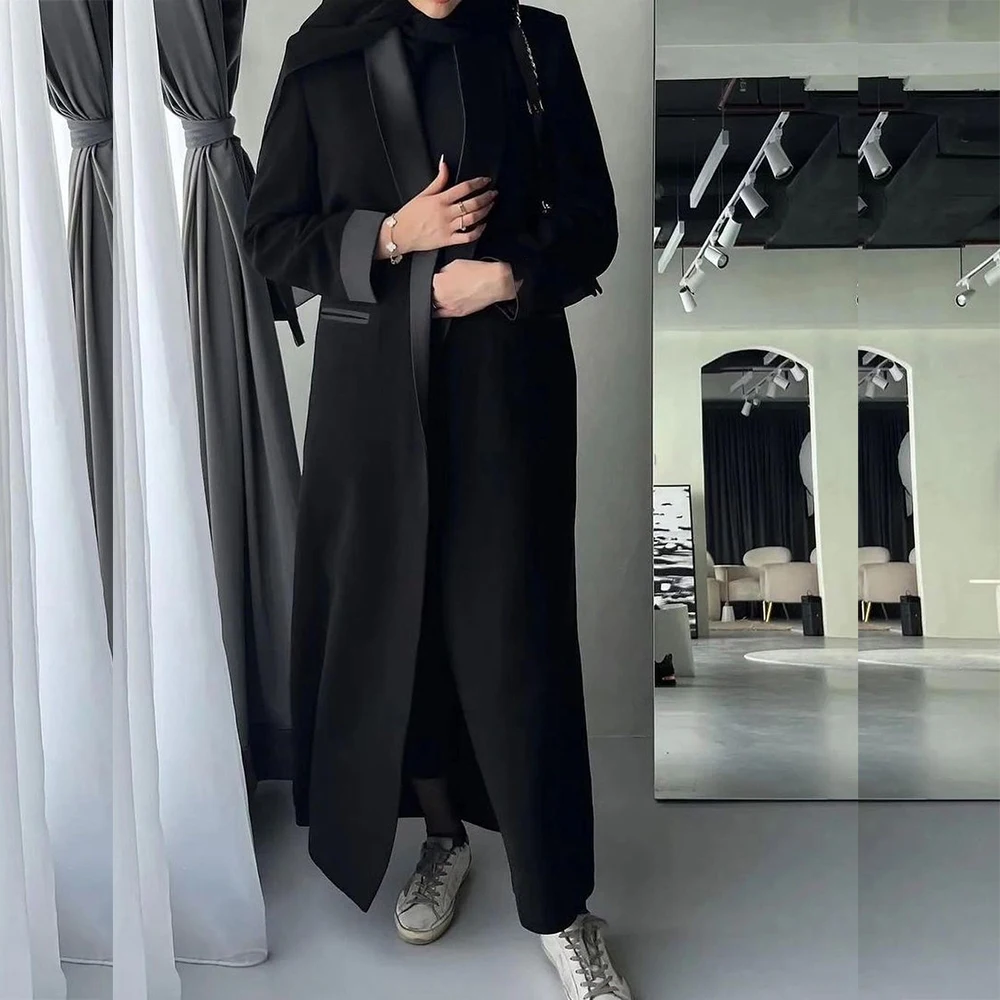 Black Women\'s Blazer 2024 Female Jacket 1 Piece Long Coat Single Breasted Shawl Lapel Luxury Muslim Abayas Office Lady Clothing