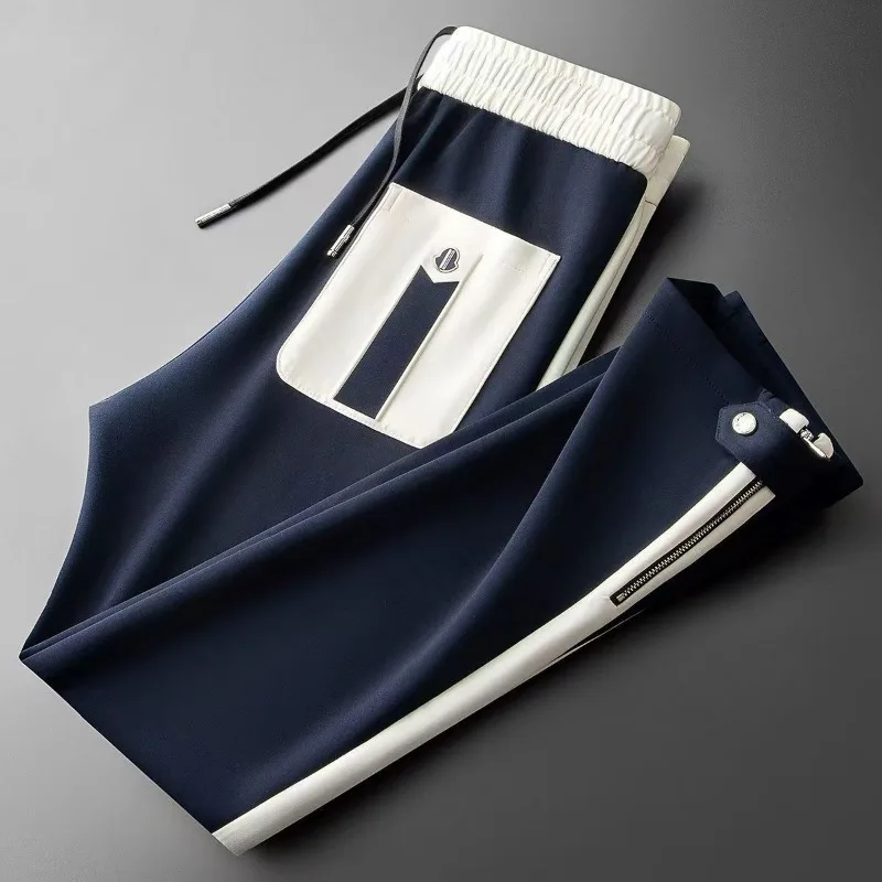 Men's Clothing high quality Trendy Fashion All-match Light Luxury Casual Stitching Color Contrast Slim-fit Straight Trousers