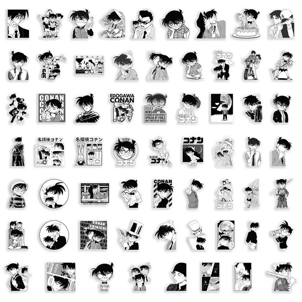 مجموعة ملصقات مكونة من 62 قطعة من المحقق كونان باللونين الأبيض والأسود - شارات الرسوم المتحركة الغامضة للهاتف والكمبيوتر المحمول