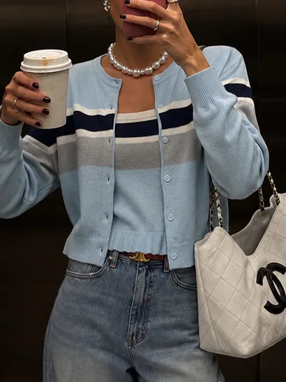 Korean Striped Knitted Cardigan Top Women's Autumn Winter New Style Wooden  Strap Vest Two-Piece Set Polyester Fiber