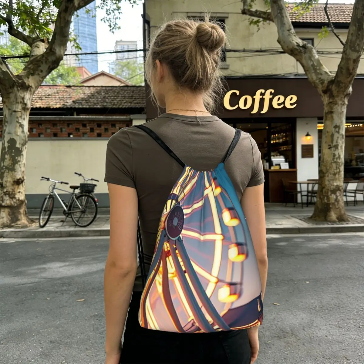 

One Urban Ferris Wheel Pattern Backpacks Portable Drawstring Bags Sundries Bag Book Bags for Man Woman Students