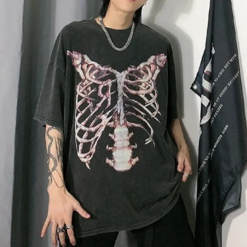 

Gothic Y2k Skeleton Print Black T-shirts Women Grunge Punk Hippie Oversize Short Sleeve Top Female Vintage Harajuku