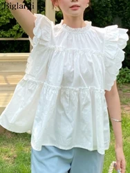 Summer New Pullover T-Shirts Tops Women Ruffle Sleeve Fashion Sweet Ladies Blouses Korean Style Loose Pleated Woman Tops