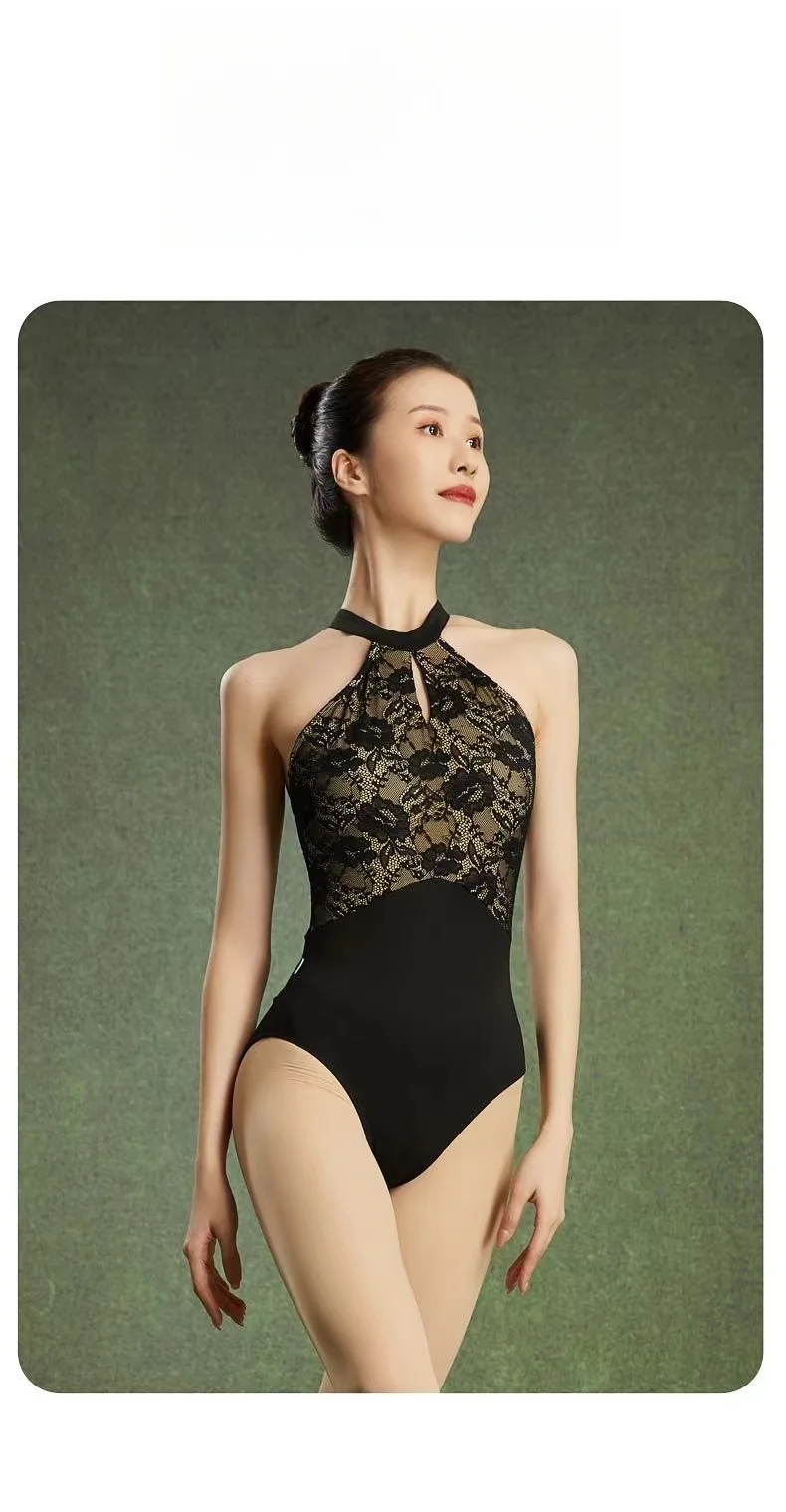 

High-end new adult ballet suit Chinese elegant lace stand-up collar halter neck off-shoulder body training suit with chest pad