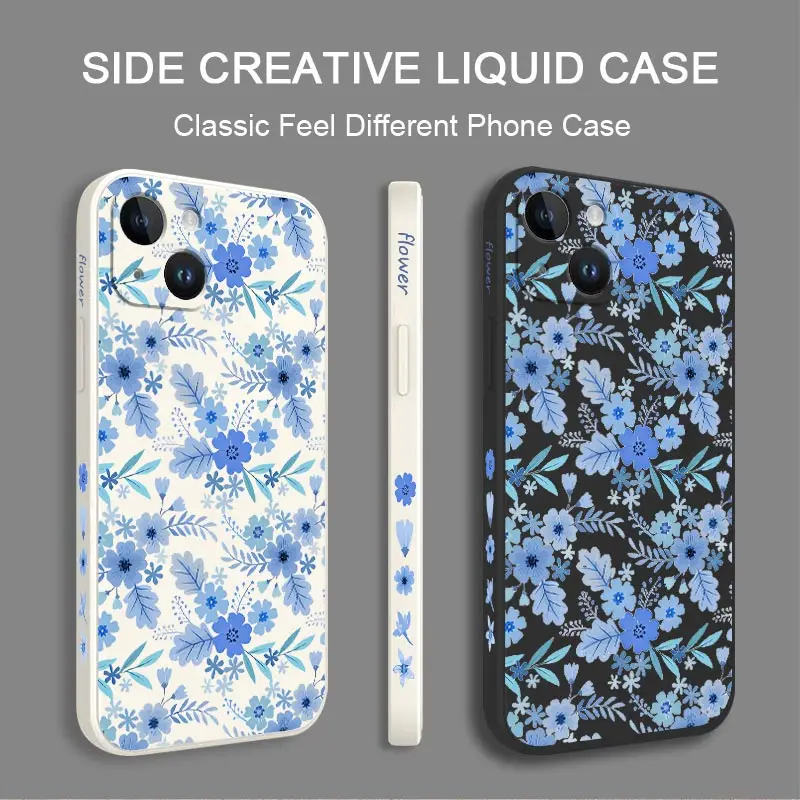 Blue Floral Silicone Phone Case For iPhone 14 15 12 11 13 Pro Max Mini 14 15 Plus 8 7 6 6S Plus X XR XS 14 15 Pro Cover