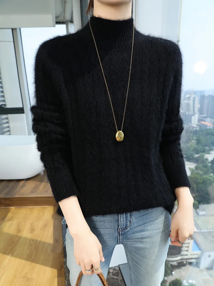 

Autumn Winter Women Thick Sweater Mock Neck Pullover Twist Flower 100% Mink Cashmere Soft Warm Cashmere Knitwear Korean Fashion