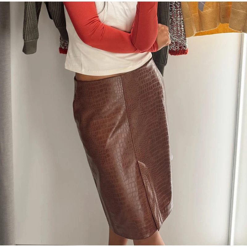 Crocodile Embossed Faux Leather Midi Skirt Front Slit High Waist Bodycon Pencil Skirt Women 2026 Autumn Vintage Fashion Outfit