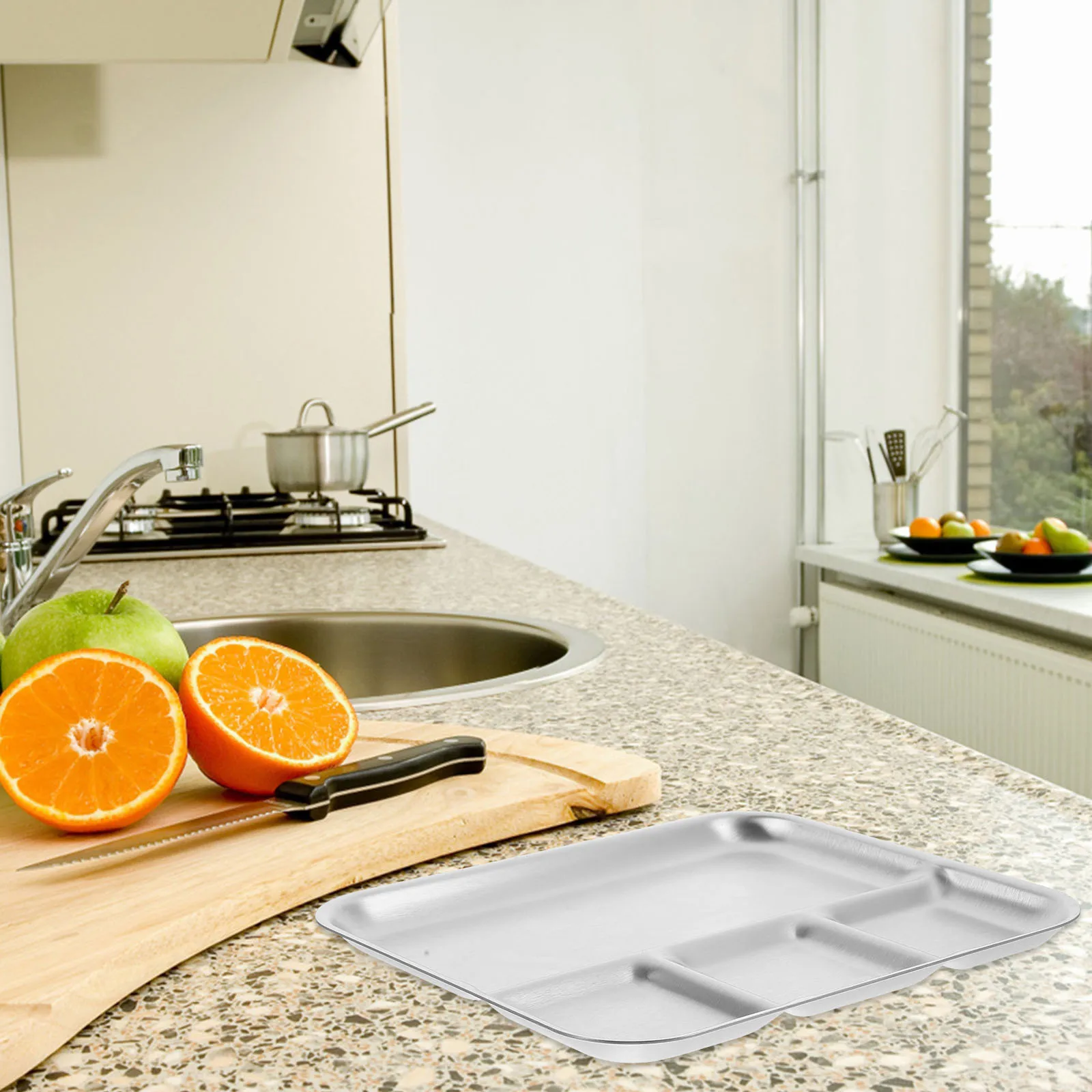 

Stainless Steel Divided Serving Tray Rectangular 4-Compartment Multi-Functional Food Sauce Plate Buffet