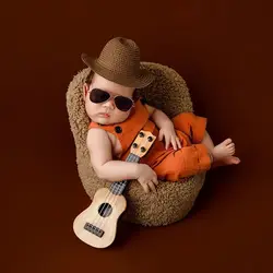 0-1 Month Newborn Photography Props Outfit Hat + Suspender Trousers Cool Western Cowboy Costume Glasses Guitar Studio Props