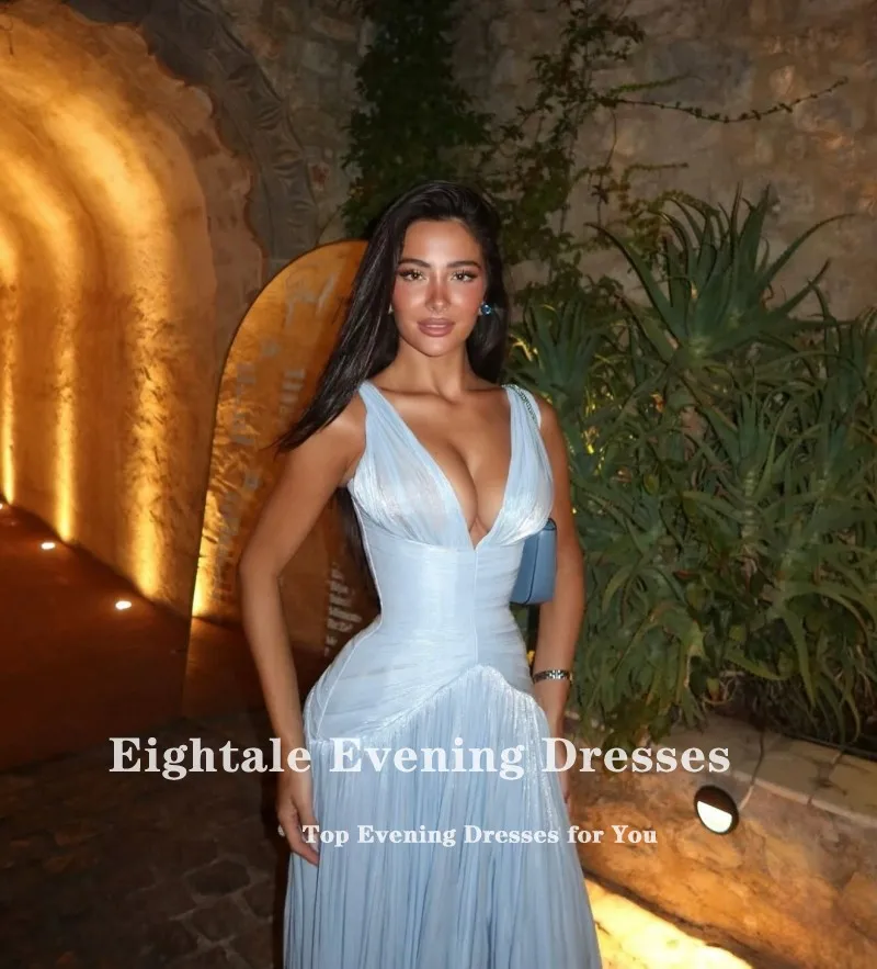 Eightale Evening Dresses V-Neck Pleats Light Blue Customized Floor Length Side Slit V-Neck Prom Party Gown vestido de fiesta