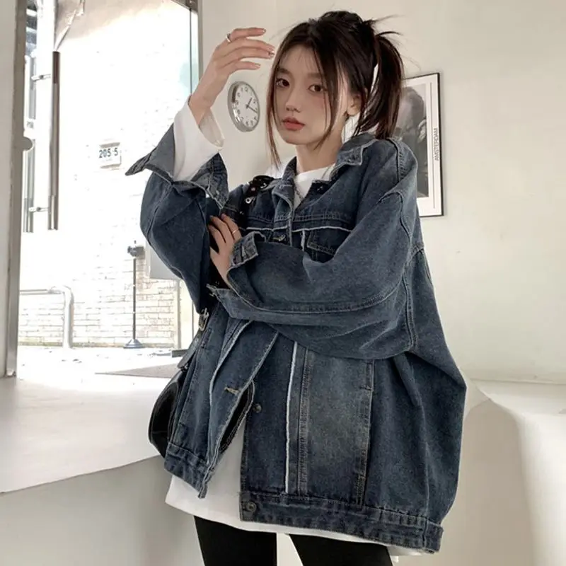 2023 Spring Autumn Streetwear Short Denim Jacket Women Lapel Single Breasted Harajuku Long Sleeve Tops Clothes Jean Coat Outwear