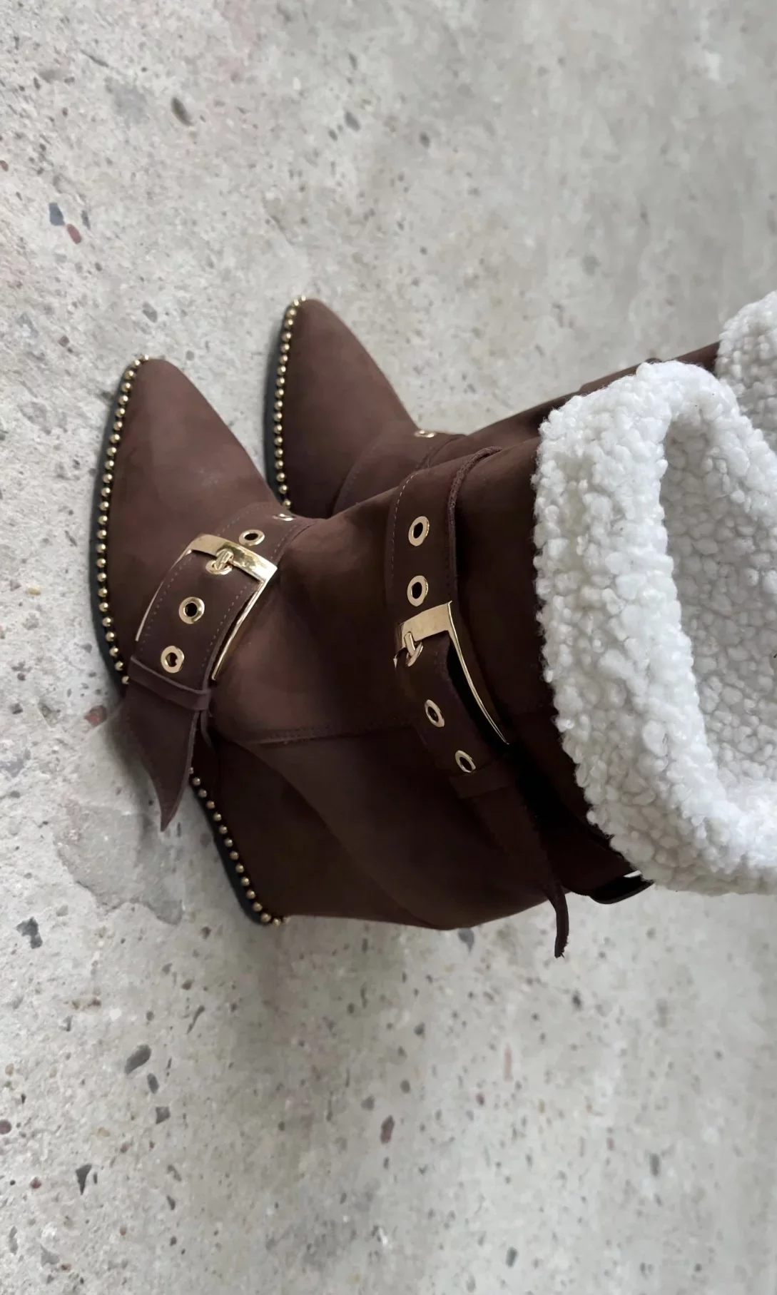 Brown Suede Studded Ankle Boots Women's Winter Warm Wedge Heels Fur Buckled Booties New in Luxury Designer High Heels Shoes