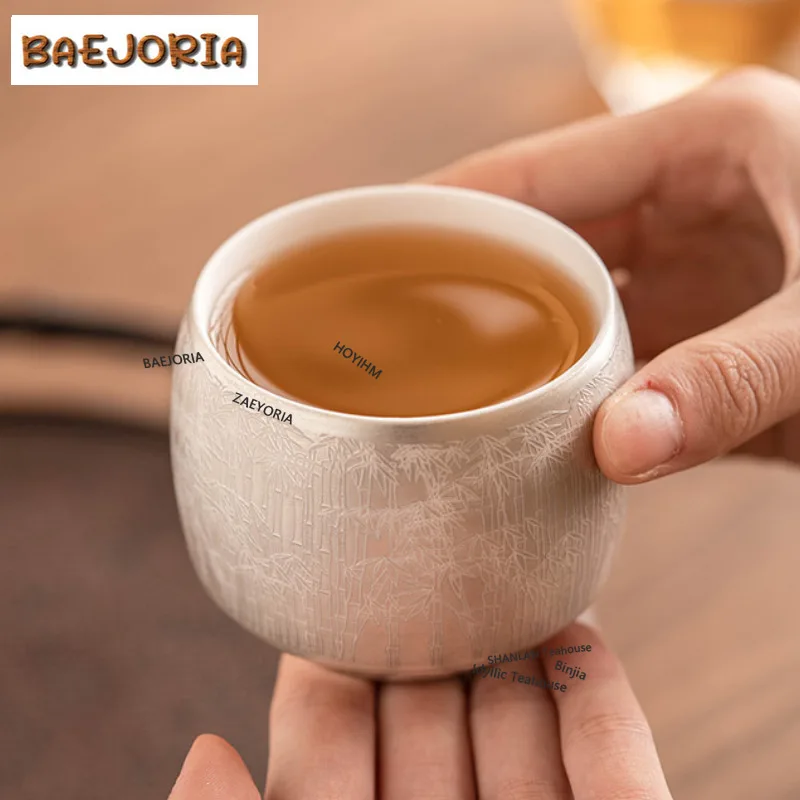 BAEJORIA High End 999 Gilded Silver Ceramic TEACUP Green Bamboo Pattern Master Cup Personal Tea Bowl Special Chazhan Teaware