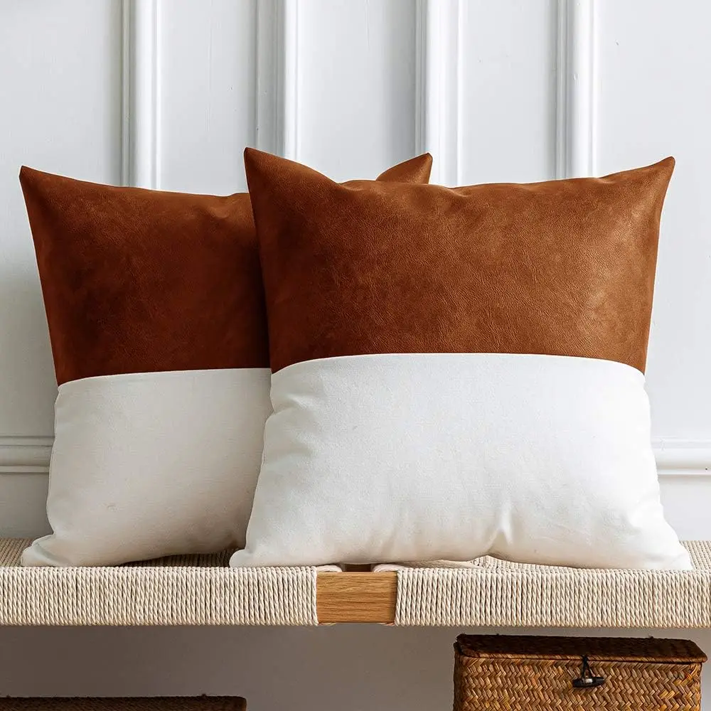 

Leather Throw Pillow Covers, Set Of 2 Modern Leather/Cotton Decorative Pillowcases For Home Decor Bedroom Living Room Couch Bed
