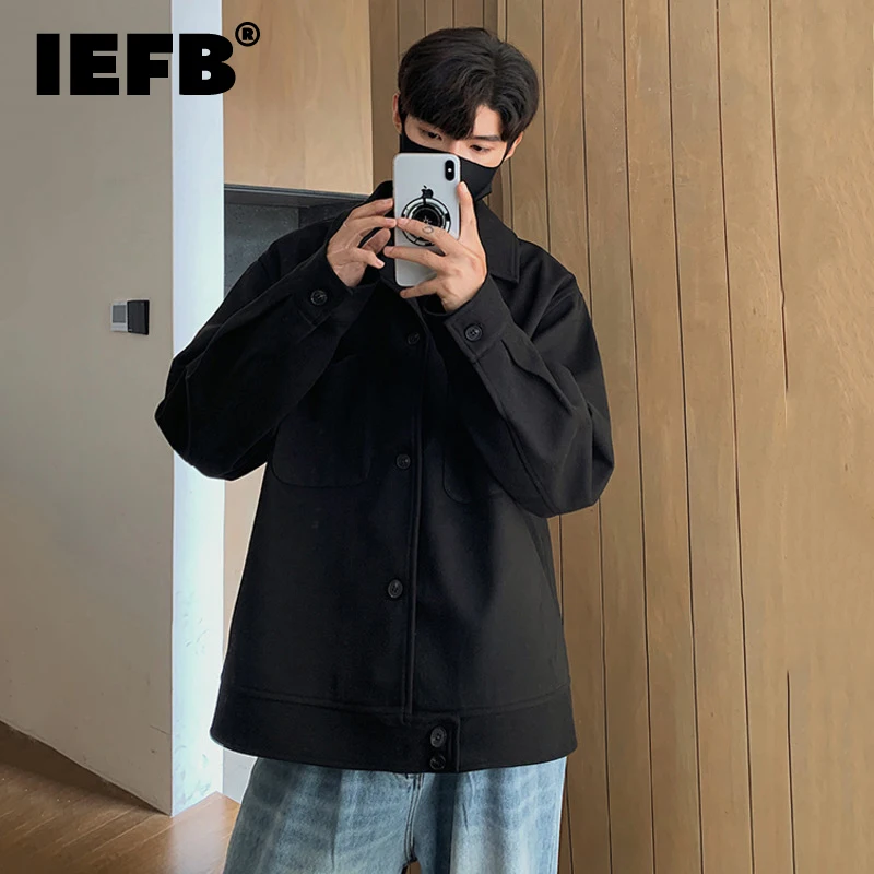 IEFB Solid Color Men's Jackets Woolen Tailored Collar Single Breasted Korean Style Casual Short Male Coat New Autumn Chic 9C7890