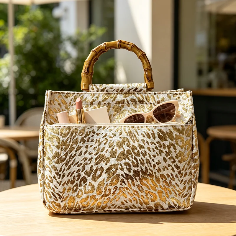 Retro Handtasche für Damen mit Leopardenmuster in Goldfolie und Bambusgriff, Handtasche mit goldenem Leopardenmuster – Detail 1
