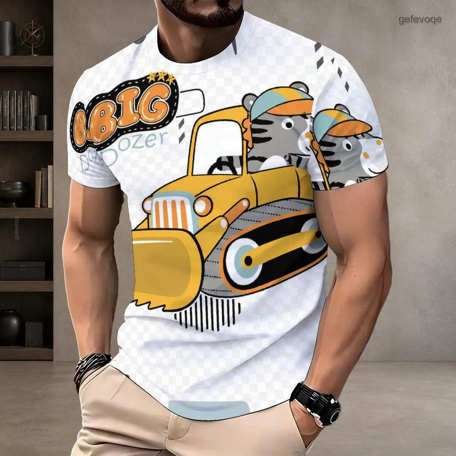 Men Round Neck Short Sleeve Printed T-Shirt, Cartoon Tiger Bulldozer BIG Dozer Graphic White Checkered Tee