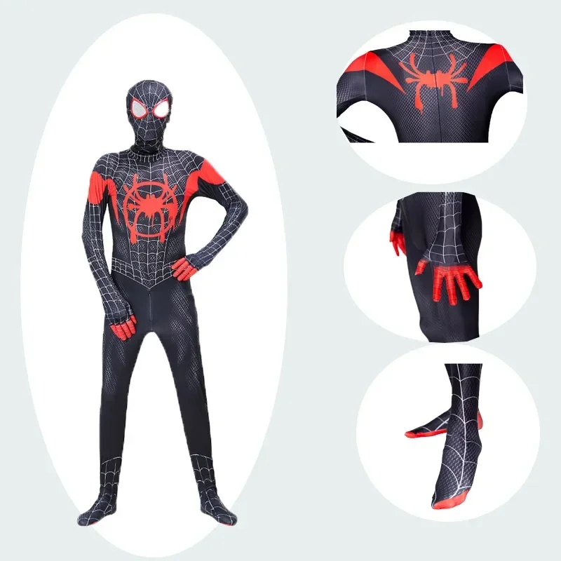 

Kids Spiderman Miles Morales Tights Cosplay Costume with Mask Cloak Superhero Bodysuit Milk Fiber for Adult