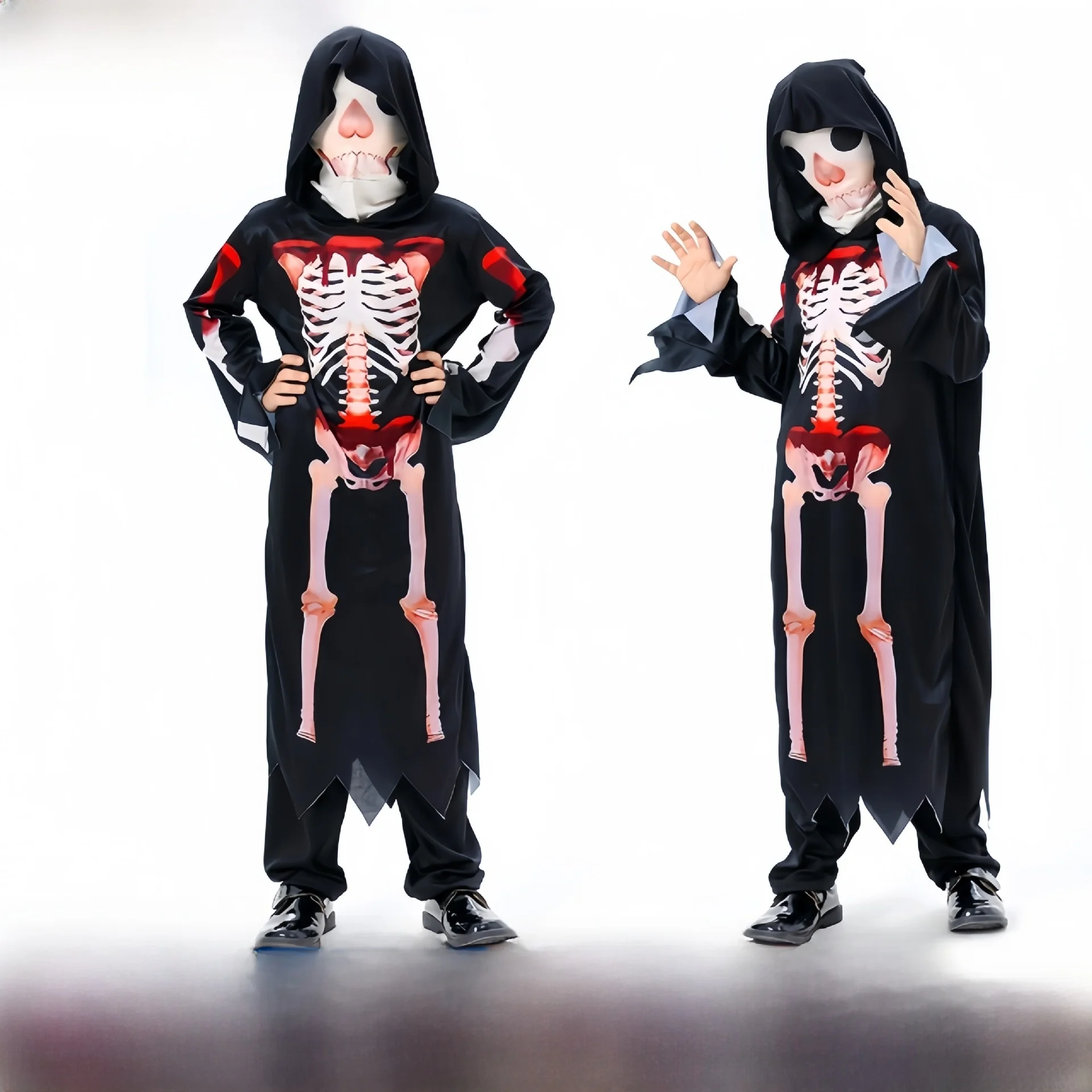 

loween Children's Cosplay Costume Hooded Devil Outfit Scary Skeleton Head Stage Performance Clothes Ghost Suit