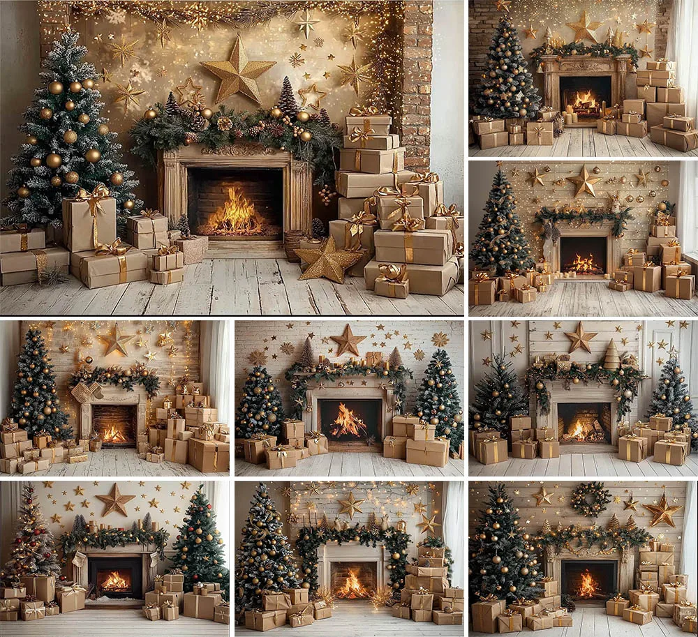 

Mehofond Photography Backdrop Christmas Fireplace Family Holiday Portrait Tree Garland Wooden Twinkling Stars Background Photo