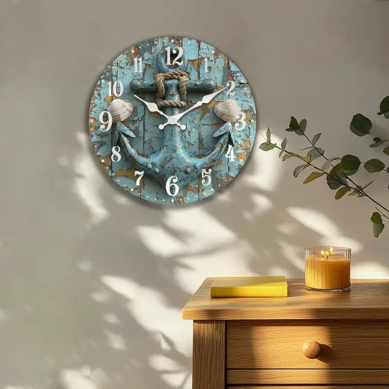 1 unidad de conchas de ancla náuticas planas 2D, reloj de pared silencioso de madera analógico redondo de cuarzo, regalo de Navidad perfecto para amigos, etc.