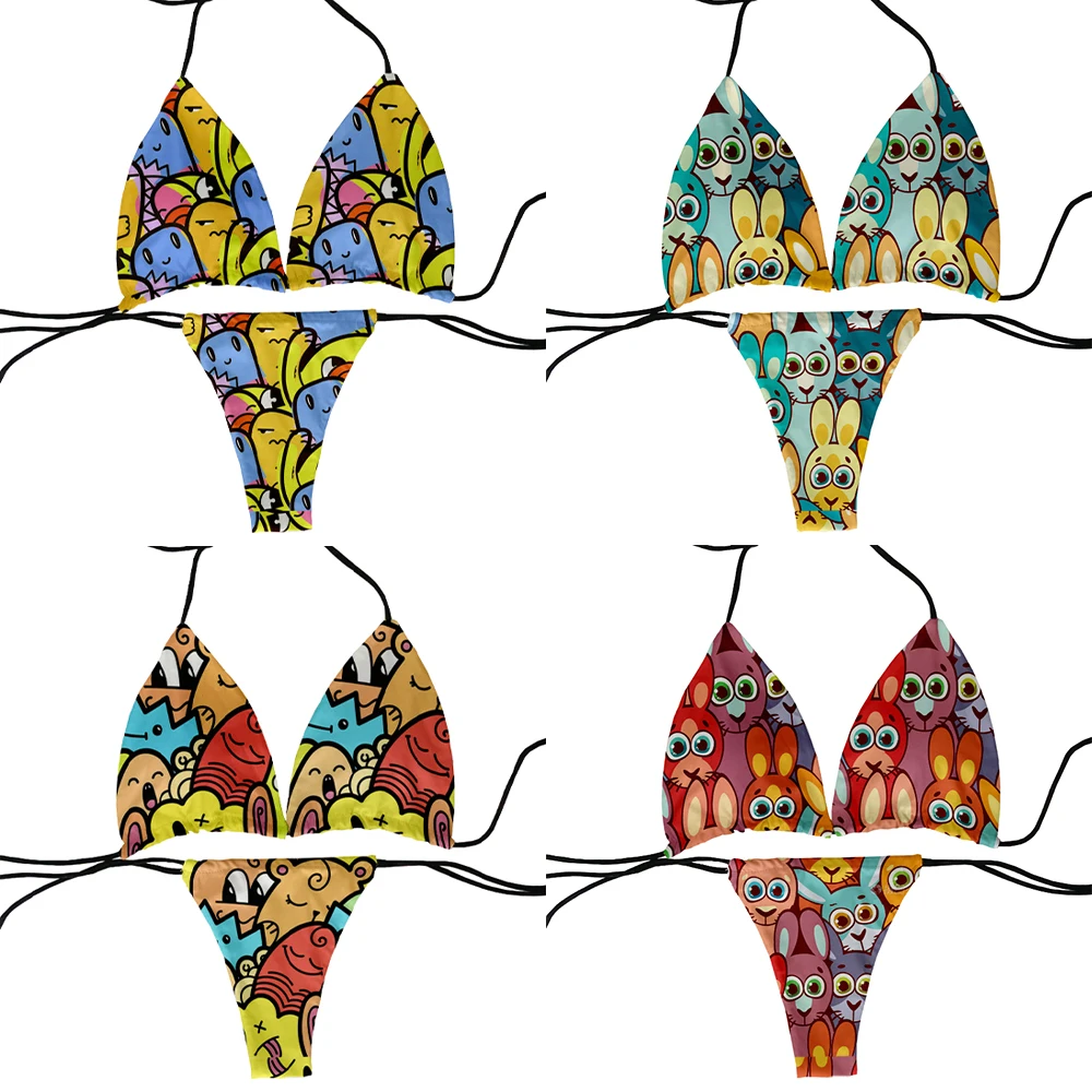 

Sexy Lace-up Bikini Set for Ladies, 3D Printing, Cartoon Pattern, Cute Beach Swimsuit, Chest Pad, Hot Selling, New Design