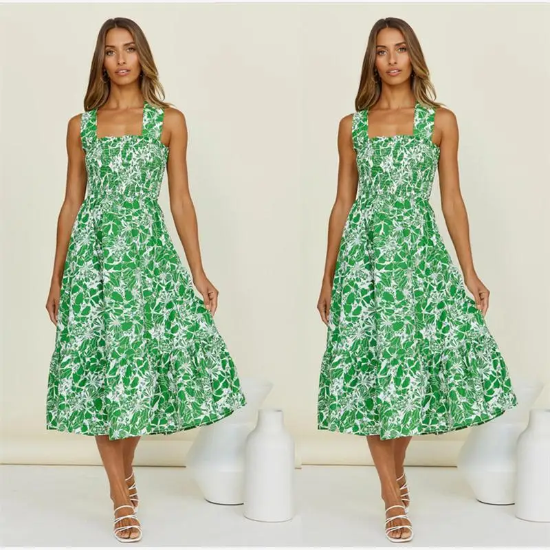 فستان صيفي مثير برباط مكشكش للنساء، فستان ميدي بطبعة زهور، تصميم مناسب للتنقلات، خصر متوسط، مصنوع من مادة أخرى، تنورة على شكل...