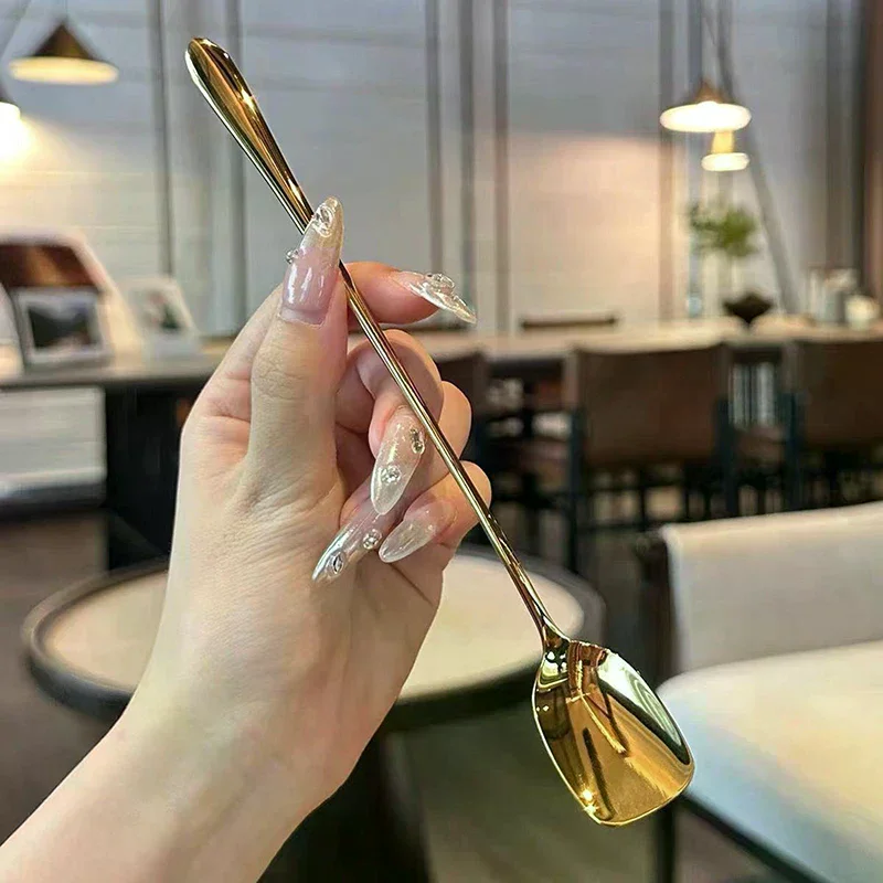 Stainless Steel Round Spoon Net Red Golden Dinner Long Handle Stirring Dessert Spoons for Kitchen Accessories Gadgets