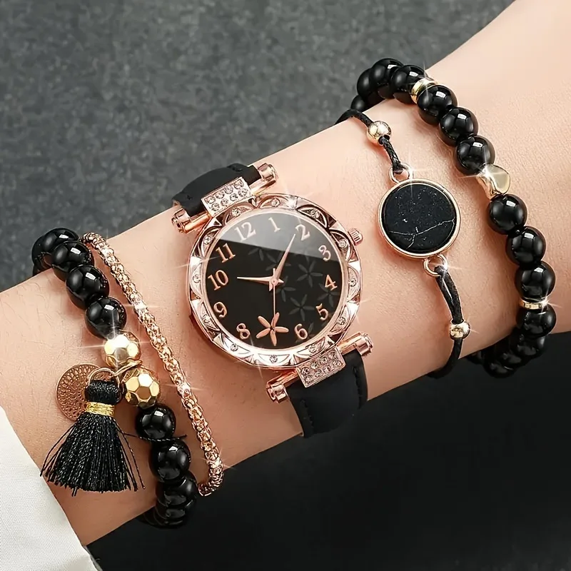 

6PCS/Set Women's Fashion Watch Set Simple Dial Leather Quartz Watch With Love Leaf Bracelet