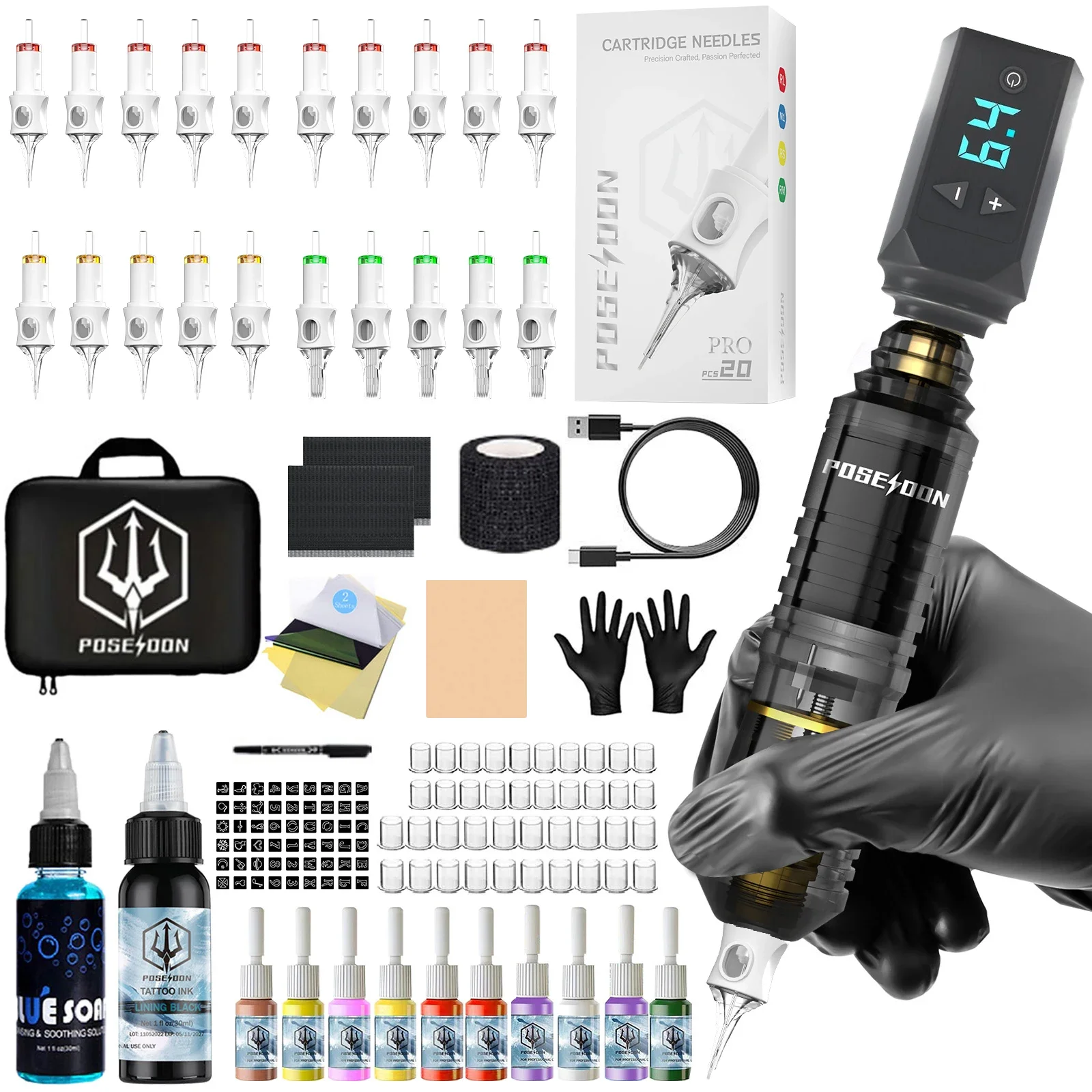 Tattoo Kit POSEIDON V6 Transparent Tattoo Pen Kit Für Permanent Make-Up Tattoo Maschine Kit Schwarz Wireless Tattoo Gun Kit