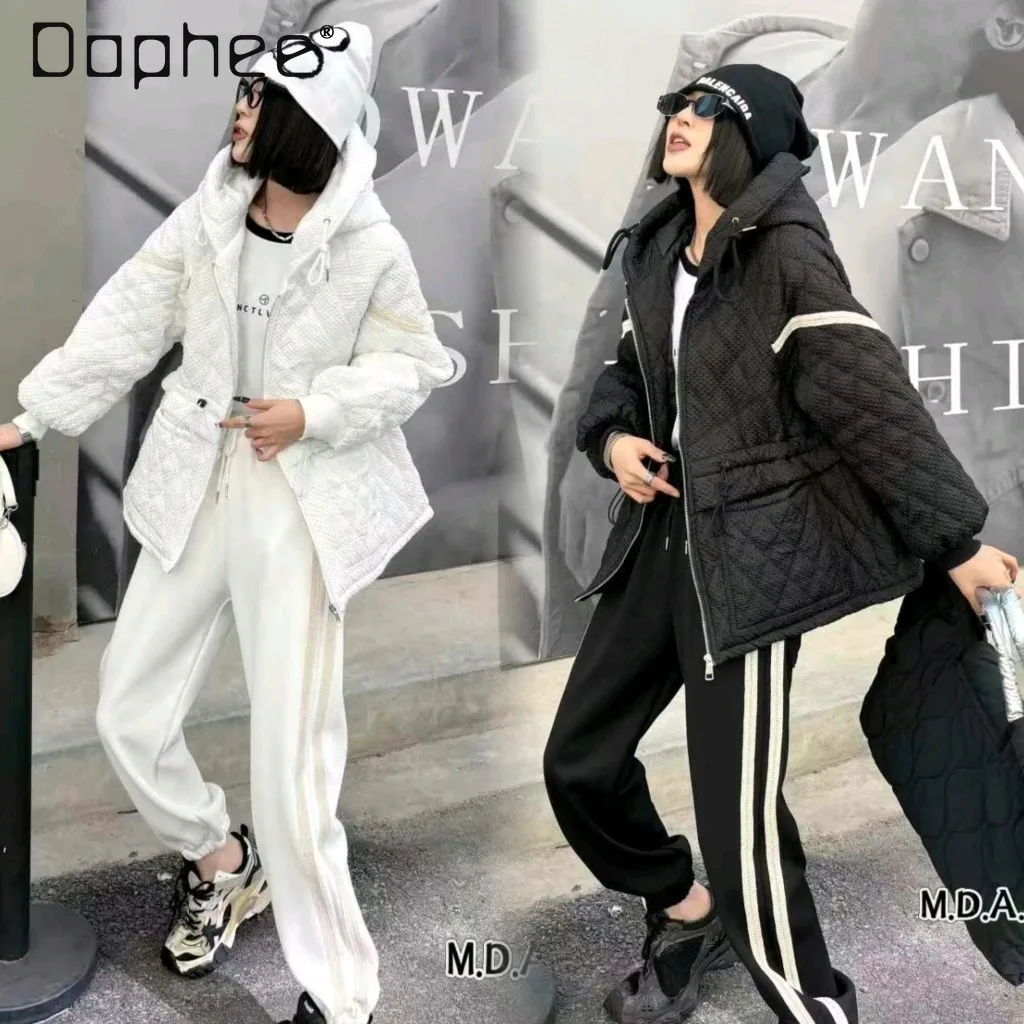 

Fashion Hooded High Waist Cotton Jacket Autumn and Winter Versatile Mid Length Cotton Coat and Sweatpants Two-piece Sets Women