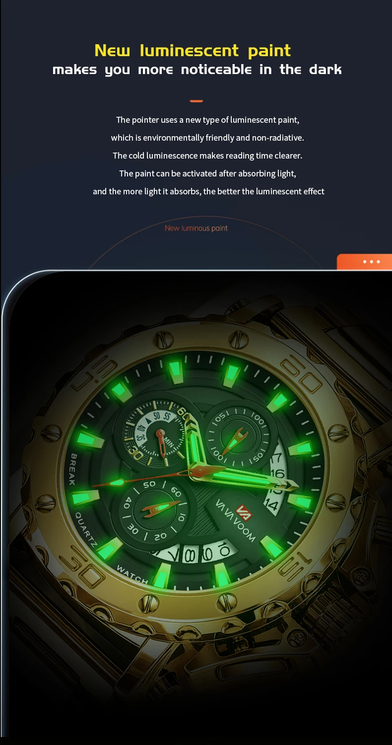 VA VA VOOM Chronograph-Uhr für Herren, Kalender, leuchtend, wasserdicht, Herrenuhr, luxuriöse Edelstahl-Quarzuhr für Herren, Reloj – Detail 2