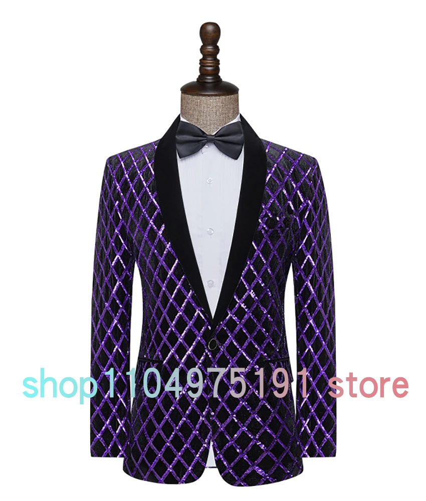 High quality men's sequin plaid stage singer performance host suit jacket slim purple tuxedos Celebrity Gowns Party Gowns