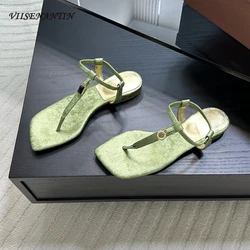 Minimalist Flip Flops Women Sandals Metal Lock Pendant Flats Shoes Suede Leather Elastic Band Slip on Casual Beach Summer Shoes