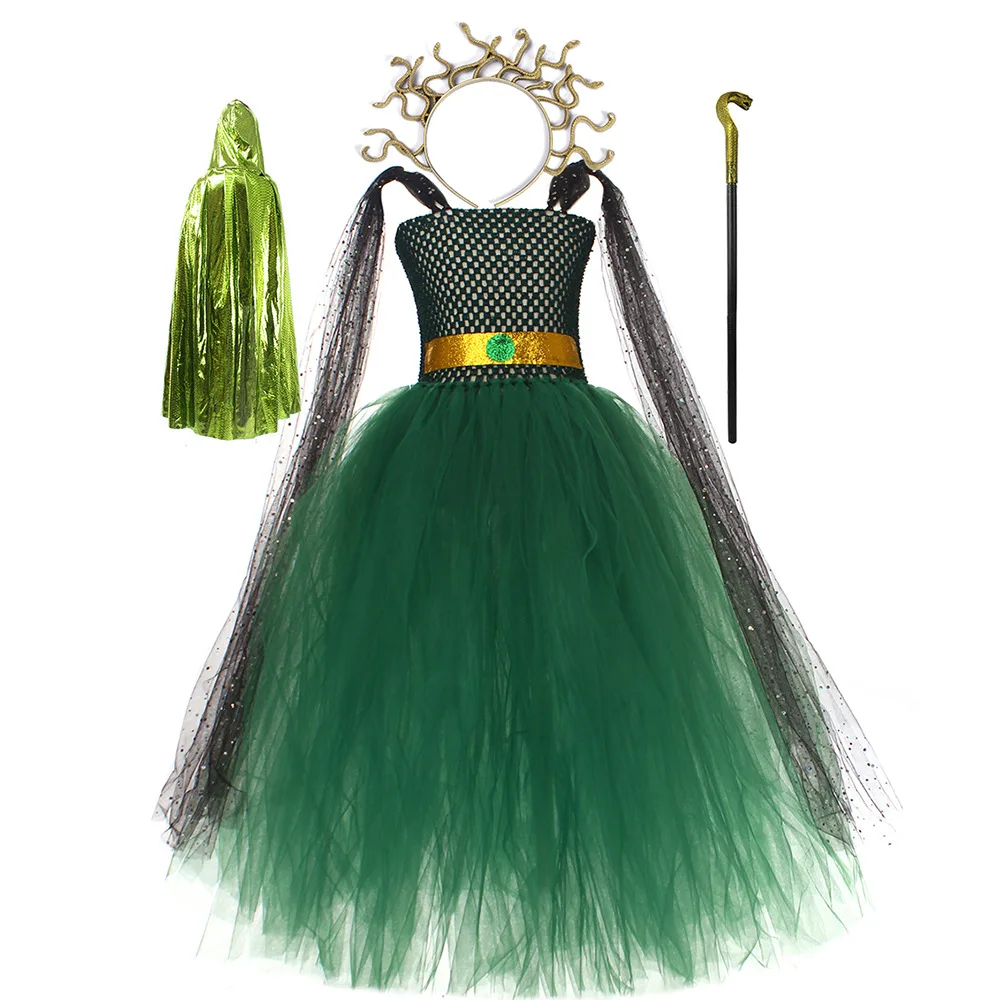 Girls Green Medusa Costume With Headpiece For Kids Halloween Medusa Dresses Greek Roman Kids Fancy Gown Tutu Dress Cosplay 1-10Y