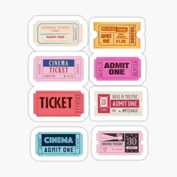 Billete de película Vintage Admit One Stub Pac, 5 uds., pegatinas para chico, arte, dibujos animados, hogar, equipaje, botellas de agua, impresión de pared, decoración de ventana