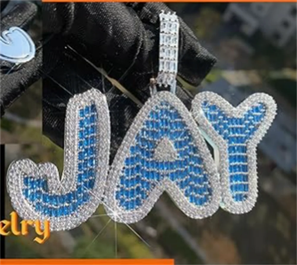 Uwin Personalized Two Tone Big Baguettecz Initial Letters Iced Out Blue Pink CZ Custom Name Pendant Necklace Hiphop Jewelry