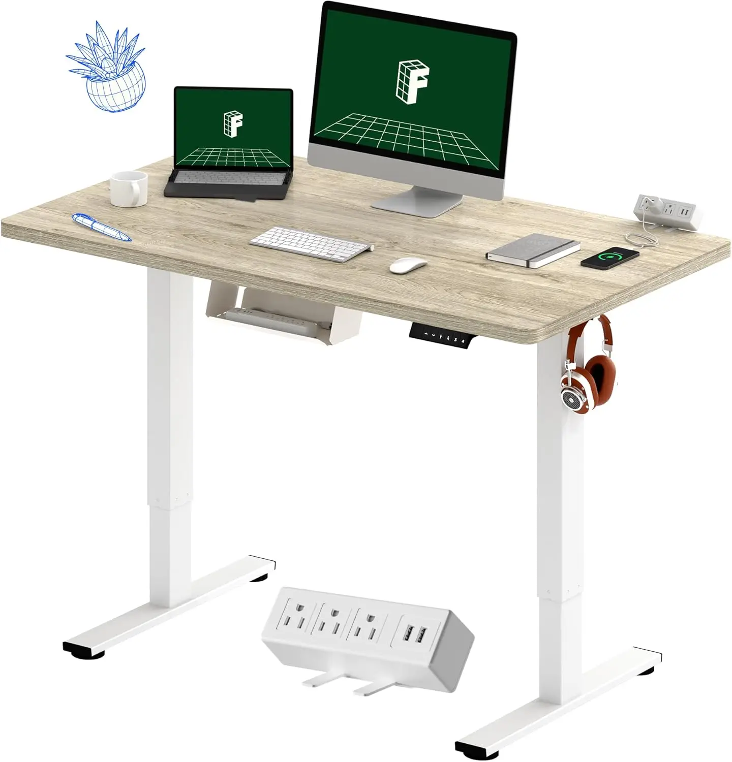 

EN2 Whole-Piece Standing Desk with Clamp Power Strip, 48 x 24 Electric Stand Up Height Adjustable Desk with Cable Management (Wh