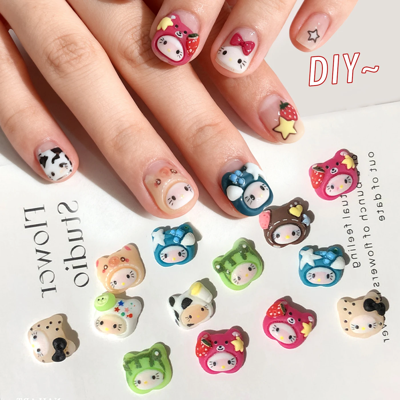 

10pcs Random Hello Kitty Cow/Frog/ Bear Hat Nail Decorations Frosted Hello Kitty Resin Nail Art Chanrms 3D Y2K Manicure Parts