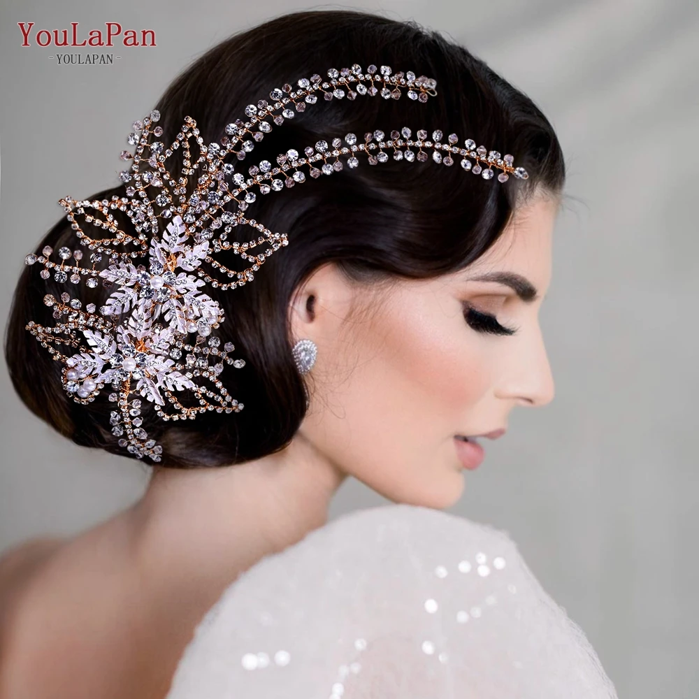 TOPQUEEN Bridal Side Clip Wedding Tiara Bridal Hairpins Handmade Rhinestone Women Headwear Alloy Flower Bride Headdress HP254