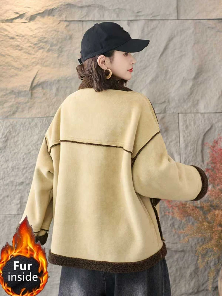 Amax lulue 2025 moda elegante casacos de camurça de pele feminina solta vintage casual jaquetas quentes senhoras clássico coreano engrossar outerwear