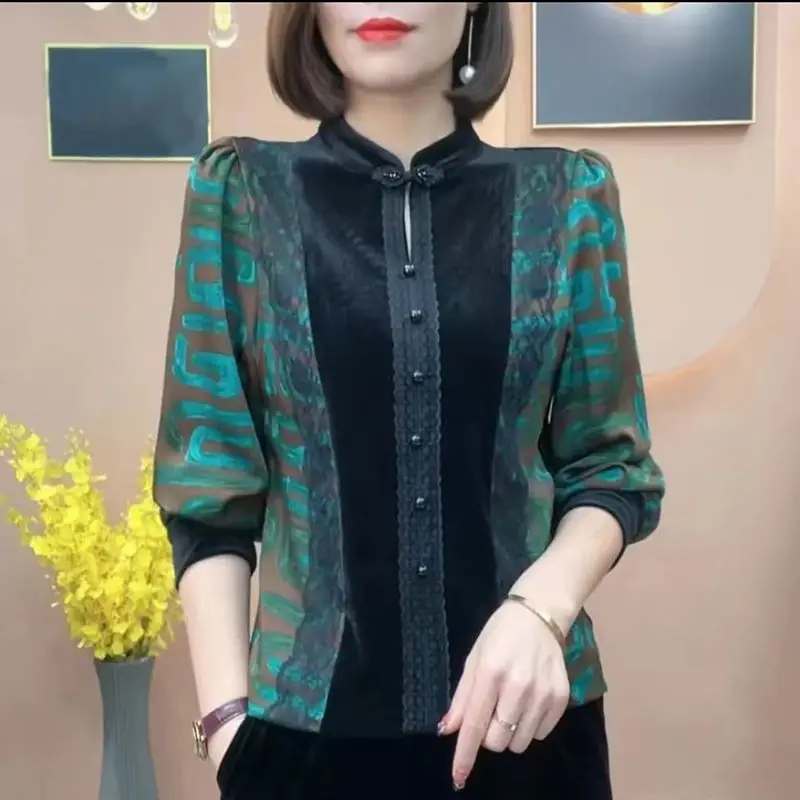 Outono inverno pleuche gola gola vintage retalhos camisa feminina manga longa oversized casual moda blusa femme pullovers topo