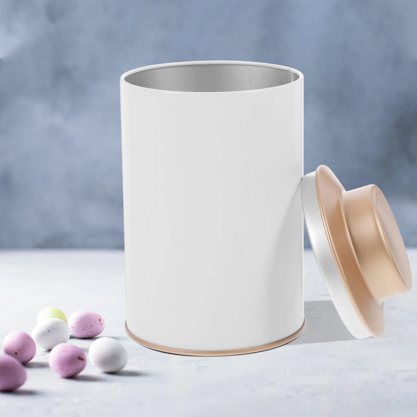 Airtight Round Tinplate Tea Canister for Loose Tea Coffee Beans Candy Salt Sugar Pepper Dry Food Storage Kitchen Coffee Bar