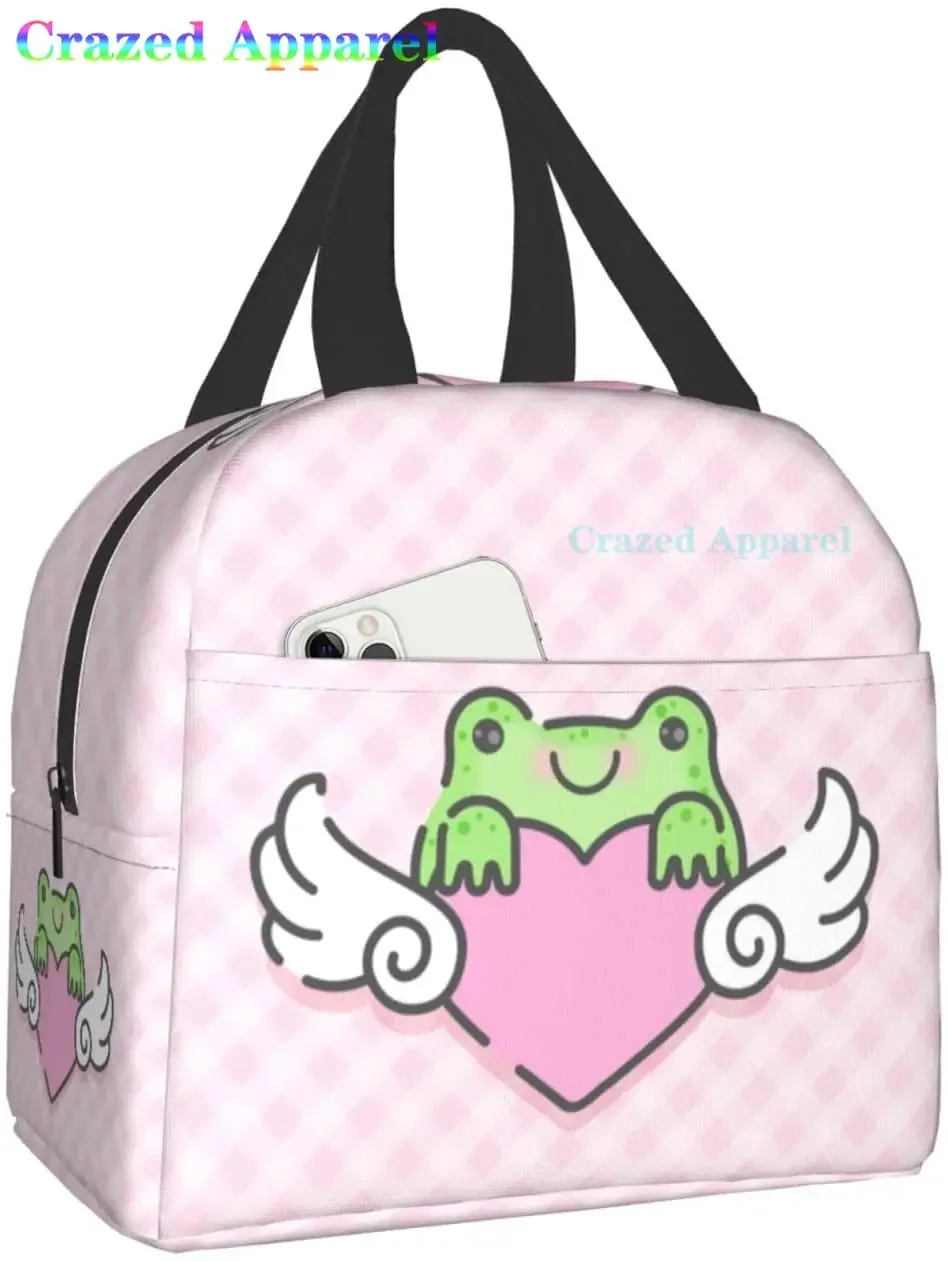 Lovely Little Frog with Winged Heart Print Lunch Box, Kawaii Small Insulation Lunch Bag, Reusable Food Bag Lunch Containers Bags